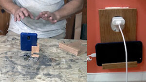 Dos diferentes soportes de madera para cel